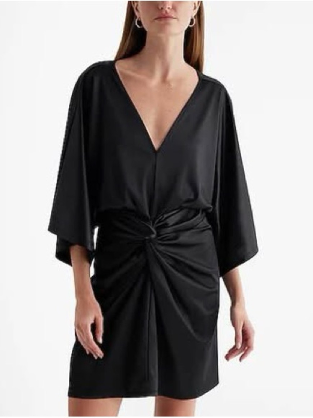 Express satin ruched kimono sleeved dress -black